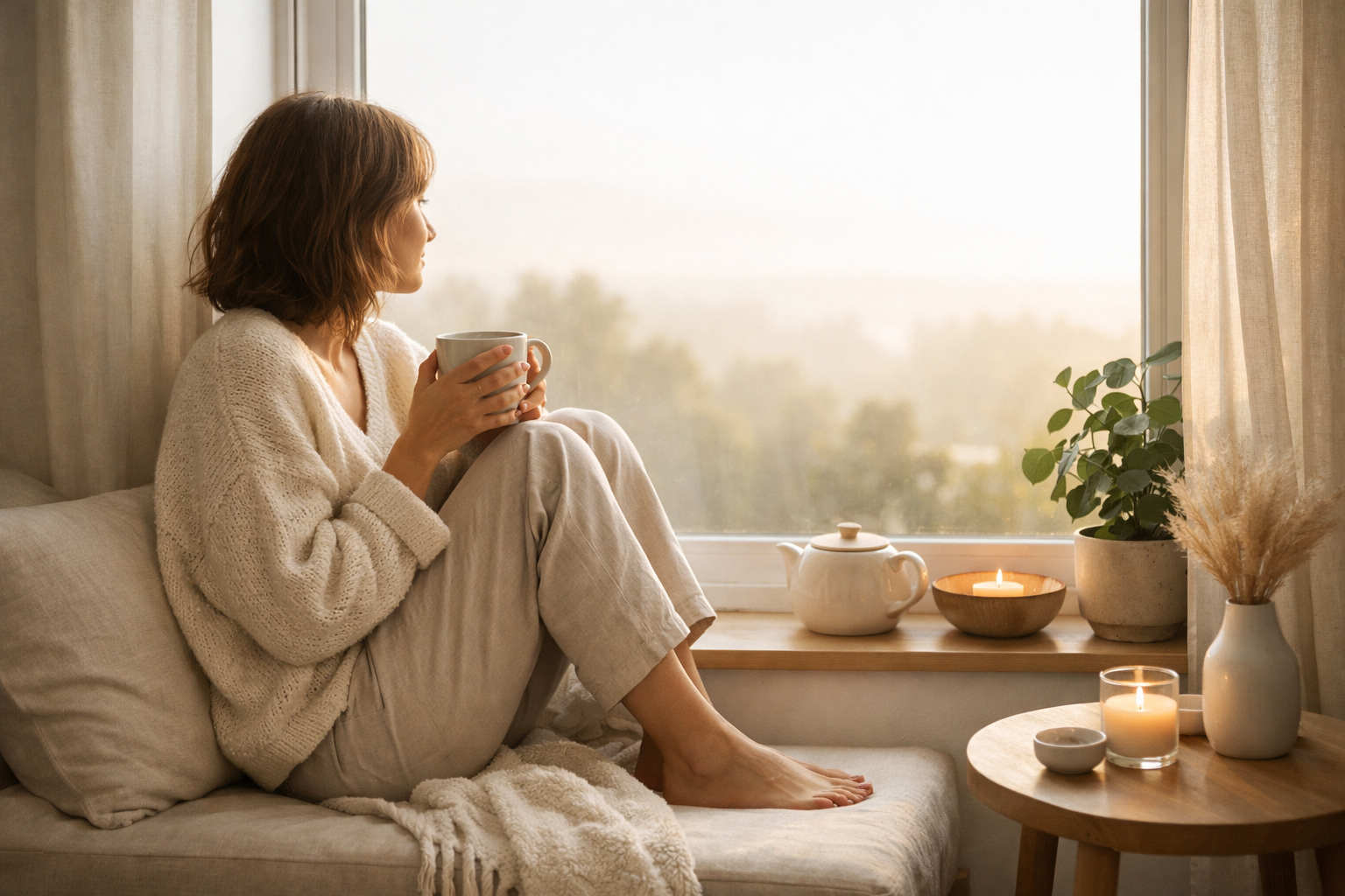 Peaceful morning scene with a person sitting by a window, holding a warm cup of tea, soft natural light, cozy minimalist interior, calm atmosphere, wellness lifestyle photography