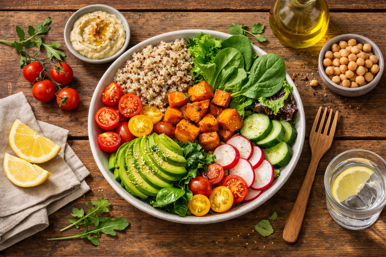 Beautiful healthy meal on a wooden table, colorful fresh vegetables, leafy greens, whole grains, natural lighting, overhead food photography, wellness and nutrition concept
